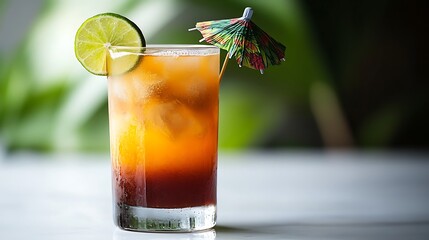 A tropical Mai Tai cocktail in a tall glass, vibrant layered colors with a lime wedge and cocktail umbrella, on a clean white background, bright lighting, summer vibes.  --ar 16:9 --no logo