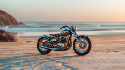 Fototapeta premium Vintage motorcycle on sandy beach at sunset with ocean waves in background, coastal adventure concept