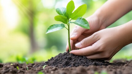 Obraz premium A person plants a small green seedling in rich soil, symbolizing growth, care, and environmental commitment in a natural setting.