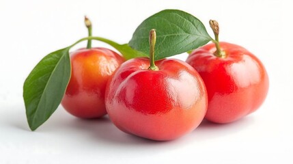 Fresh Red Acerola Cherries with Green Leaves
