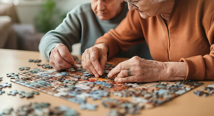 Senior couple working on jigsaw puzzle together, enjoying leisure activity, hands close-up, elderly care concept