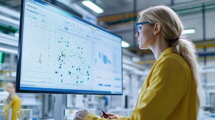 A woman in a yellow shirt analyzes data on a large screen in a modern industrial environment, showcasing advanced technology and analytical skills.