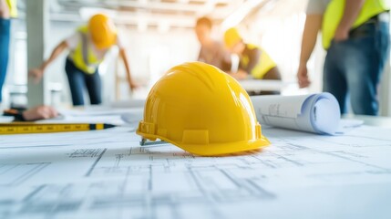 A yellow hard hat rests on blueprints at a construction site, with workers in safety vests visible in the background, indicating a collaborative building process.