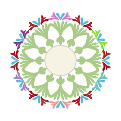 Floral circle wreath, ikat vector flowers pattern element design. A template for printing postcards, invitations, door decoration, party, books, textiles, engraving, wooden furniture, and placemats. 
