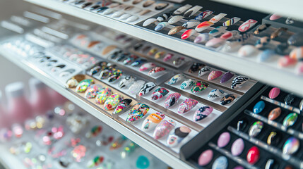 Nail art collection on display, colorful and diverse, acrylic nails, creative designs, beauty salon, manicure concept