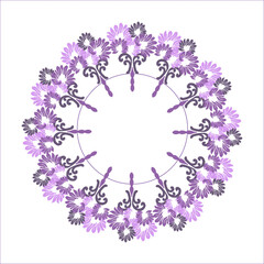 Floral circle wreath, ikat vector flowers pattern element design. A template for printing postcards, invitations, door decoration, party, books, textiles, engraving, wooden furniture, and placemats. 
