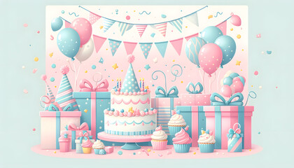 誕生日パーティーのカラフルなデザイン - ケーキ、カップケーキ、ギフト、バルーン

