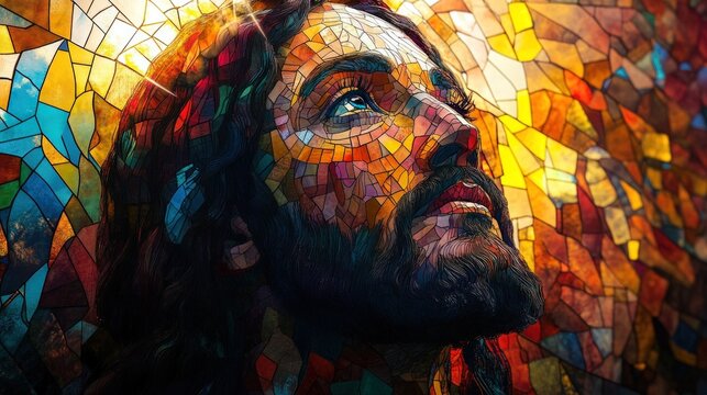 A stained glass depiction of Jesus Christ looking up with a radiant halo.