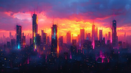 Graffiti-style city skyline at sunset, bold abstract skyscraper shapes filled with vibrant spray-paint patterns, neon colors dripping down the buildings, dark city textures beneath the colorful chaos,