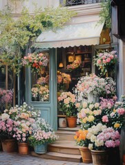 Naklejka premium Flower shop in Paris, France. Bouquets of flowers in pots