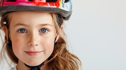Closeup portrait of smiling child wearing colorful bicycle helmet, bright eyes, joyful expression, facing camera concept