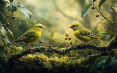 Fototapeta premium Two yellow finches, perched on moss-covered branches in an enchanted forest setting, 