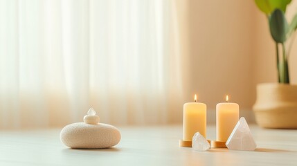 A serene indoor scene featuring two lit candles, smooth stones, and a soft plant, promoting relaxation and tranquility.