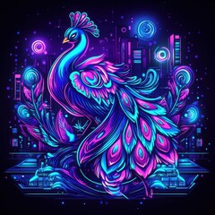 Naklejka premium A peacock in Synthwave style, with neon colors and retro-futuristic elements against a cityscape.