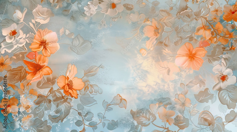 Sticker Peach-sky blue gradient wallpaper with glowing lace floral patterns for spring