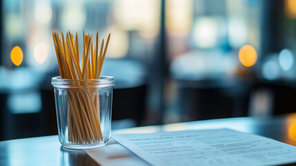 Toothpicks in glass jar on restaurant table with menu, wooden sticks in holder in dining scene, tableware concept