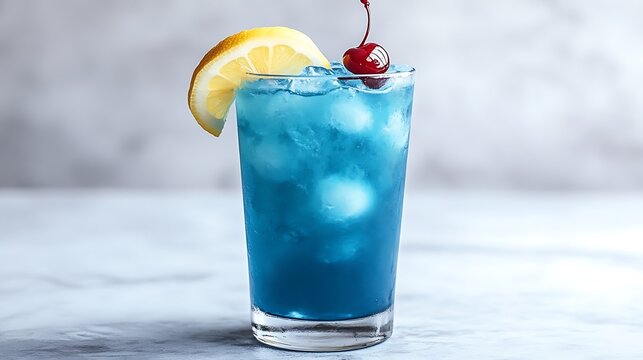 A vibrant Blue Lagoon cocktail in a tall glass, bright blue liquid with a lemon wedge and cherry garnish, set against a white background, crisp lighting, tropical summer vibes.  --ar 16:9 --no logo