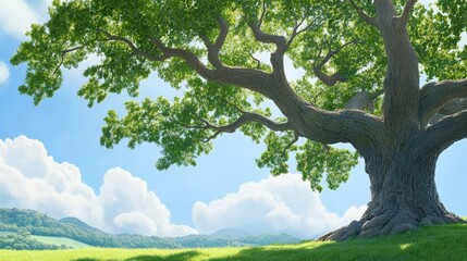 A majestic tree stands in a sprawling green landscape, under a bright sky, surrounded by rolling hills and fluffy clouds.