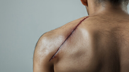 Close-up of a man's back with a long healing scar, fresh skin injury, raw flesh, medical concept