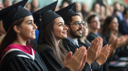 Fototapeta premium Graduates in caps and gowns, applauding at commencement ceremony, diverse students celebrating achievement, education concept