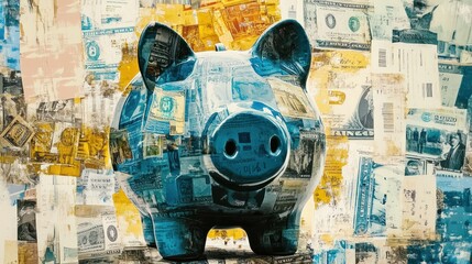 Fototapeta premium A blue piggy bank covered in bills against a background of torn, faded bills.