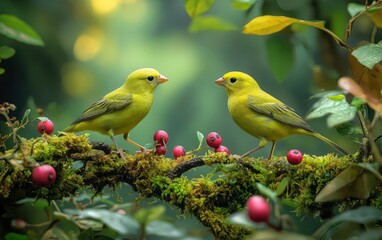 Fototapeta premium Two yellow finches, perched on moss-covered branches in an enchanted forest settin
