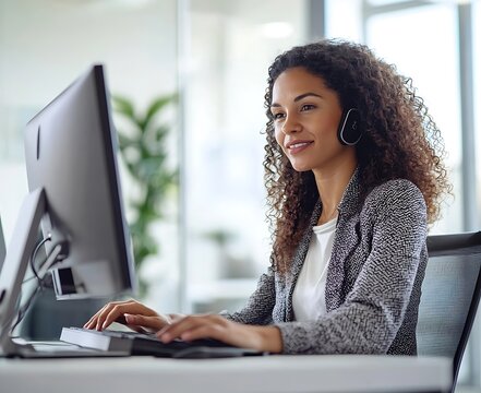 Video conference call handled by a young mixed-race businesswoman in a sunny office.