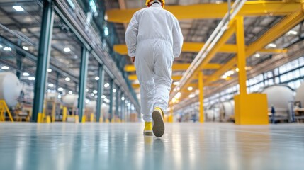 Obraz premium A person in protective gear walks through a bright industrial facility with yellow beams and large machinery in the background.