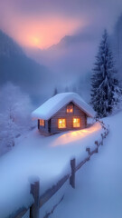 Sunset glow on snowy cabin in mountains.