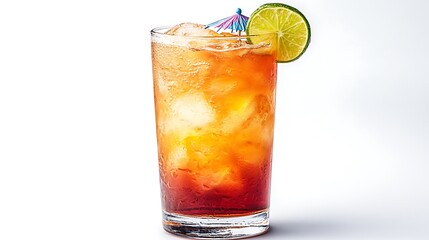 A vibrant Mai Tai cocktail in a tall glass, garnished with a lime wedge and a cocktail umbrella, tropical colors, on a pure white background, bright studio lighting, clean composition.