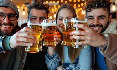 A lively group of friends gathers at a quaint pub, laughing and toasting with their frosty beverages under a canopy of glowing lights, celebrating a special winter night together