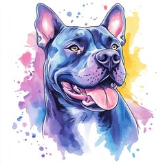 American Bully illustrated in watercolor style, capturing its strong physique and expressive features with soft, fluid colors.