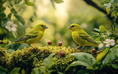 Fototapeta premium Two yellow finches, perched on moss-covered branches in an enchanted forest settin