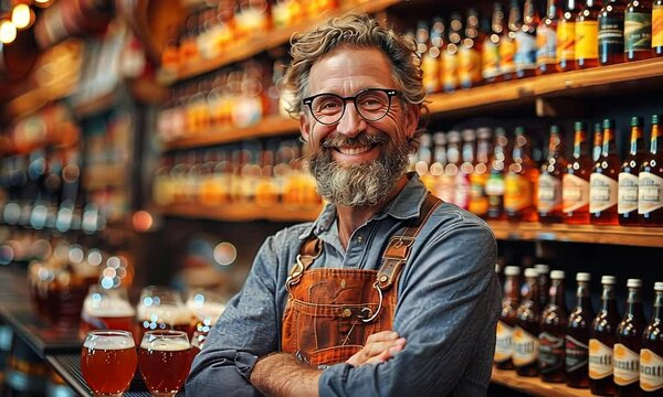 Explore the lively atmosphere of a charming brewery where the dedicated brew master welcomes patrons with a warm smile, fostering community and camaraderie - Powered by Adobe