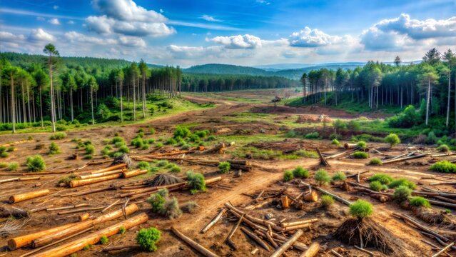 Deforested landscape showcasing logging activity with palm trees and lush greenery