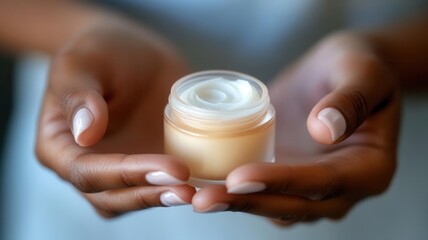 Hands holding a small jar of cream while inspecting the formula s texture and consistency