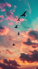A stunning sunset sky filled with vibrant colors and birds in flight, creating a serene atmosphere.