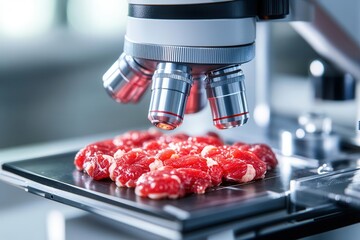 A microscope view of lab-grown meat cells, symbolizing research in alternative protein sources