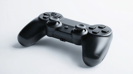 A black video game controller on a white background.