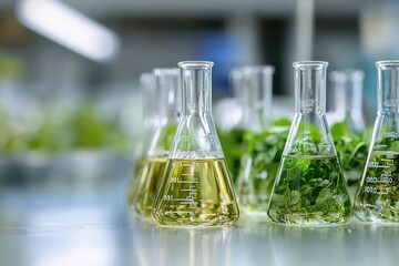 Nutrient-filled beakers in a research lab, symbolizing sustainable food production methods