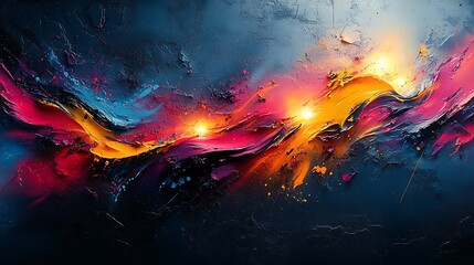 Wild graffiti strokes layered with abstract geometric patterns, neon colors bursting across dark...