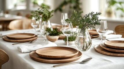 Fototapeta premium A beautifully set Nordic minimalist Christmas table with white linens, natural wooden plates, and sprigs of greenery in glass vases, soft natural light, clean and calm atmosphere,