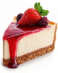 Delicious cheesecake slice topped with vibrant strawberries and berry sauce, perfect for desserts...