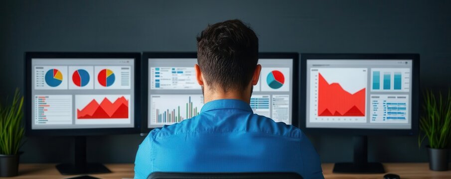 A back-office setting with employees entering data and reviewing analytics dashboards on multiple screens, representing data management Data management, Office technology