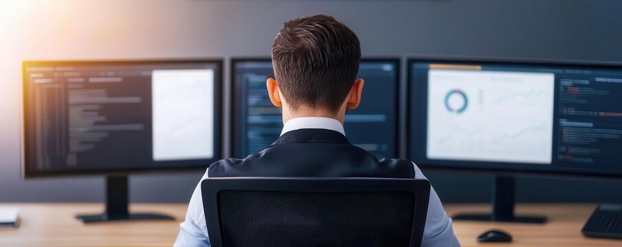 A back-office setting with employees entering data and reviewing analytics dashboards on multiple screens, representing data management Data management, Office technology