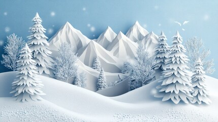 Mountain winter landscape with fir trees and snow. 3d origami, paper. Space for text, winter, holidays, christmas