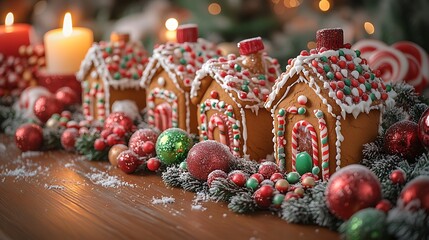 A Christmas table adorned with gingerbread houses, colorful candy accents, and red and green decor, candlelight glowing warmly, creating a fun and whimsical holiday setting,