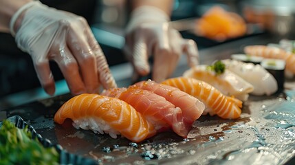 Fresh Sushi Preparation in a Modern Restaurant Kitchen