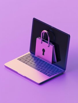 Network themed e commerce illustration with a locked laptop representing secure online shopping and digital security