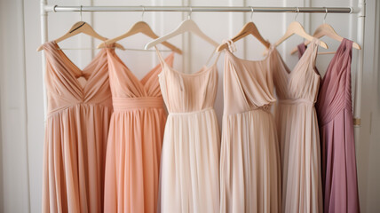 A colorful array of bridesmaid dresses hanging on a rack, perfect for bridal boutiques and wedding planners.